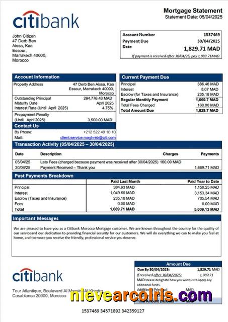 Morocco Citibank Morocco mortgage statement Word and PDF template